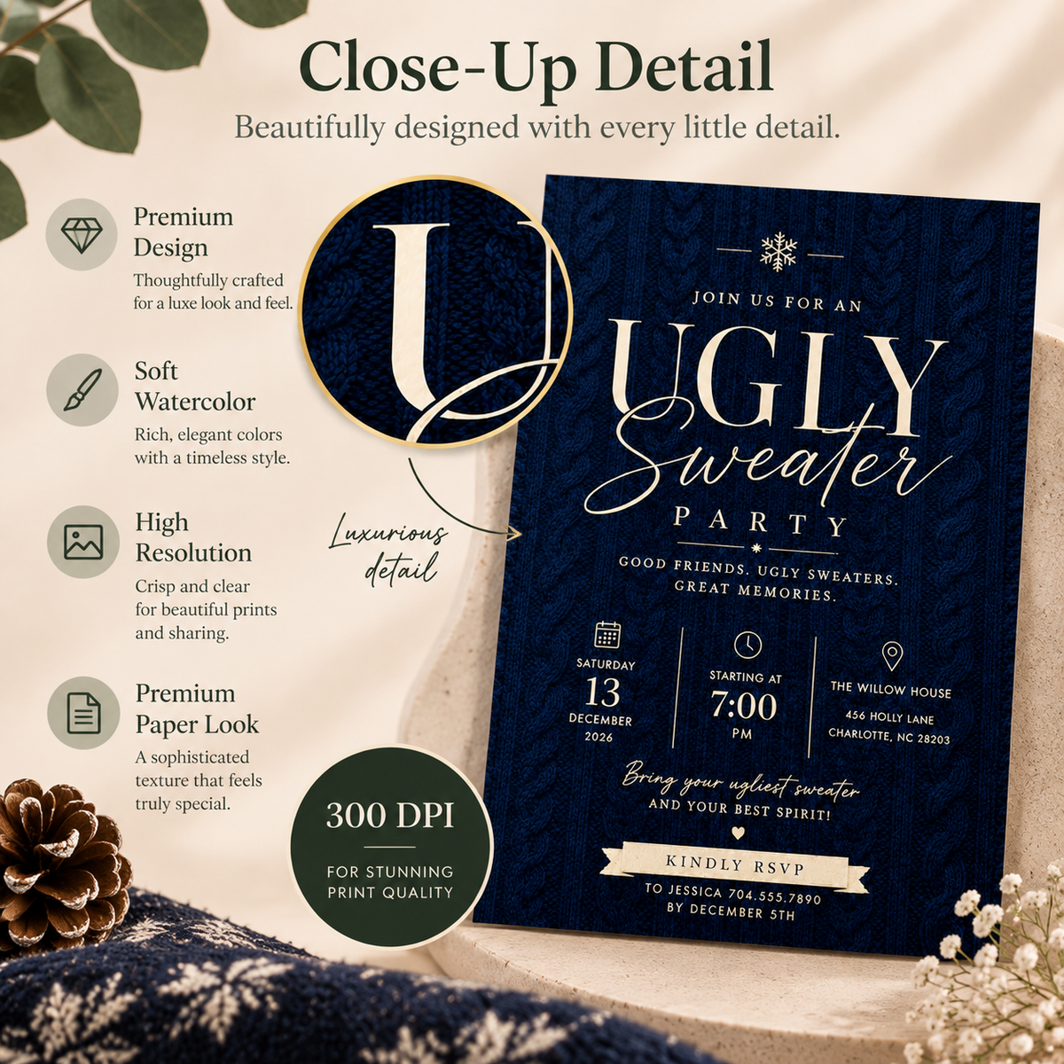 Ugly Sweater Party Invitation  - Navy & cream