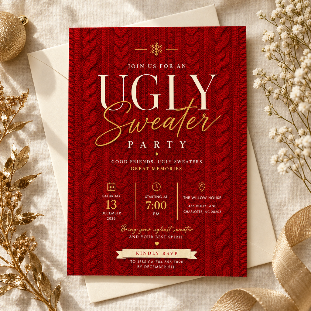 Ugly Sweater Party Invitation  - Red & gold
