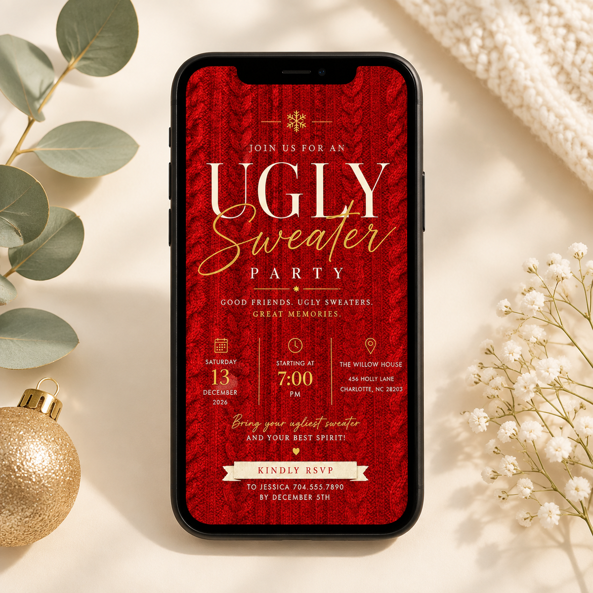 Ugly Sweater Party Invitation  - Red & gold
