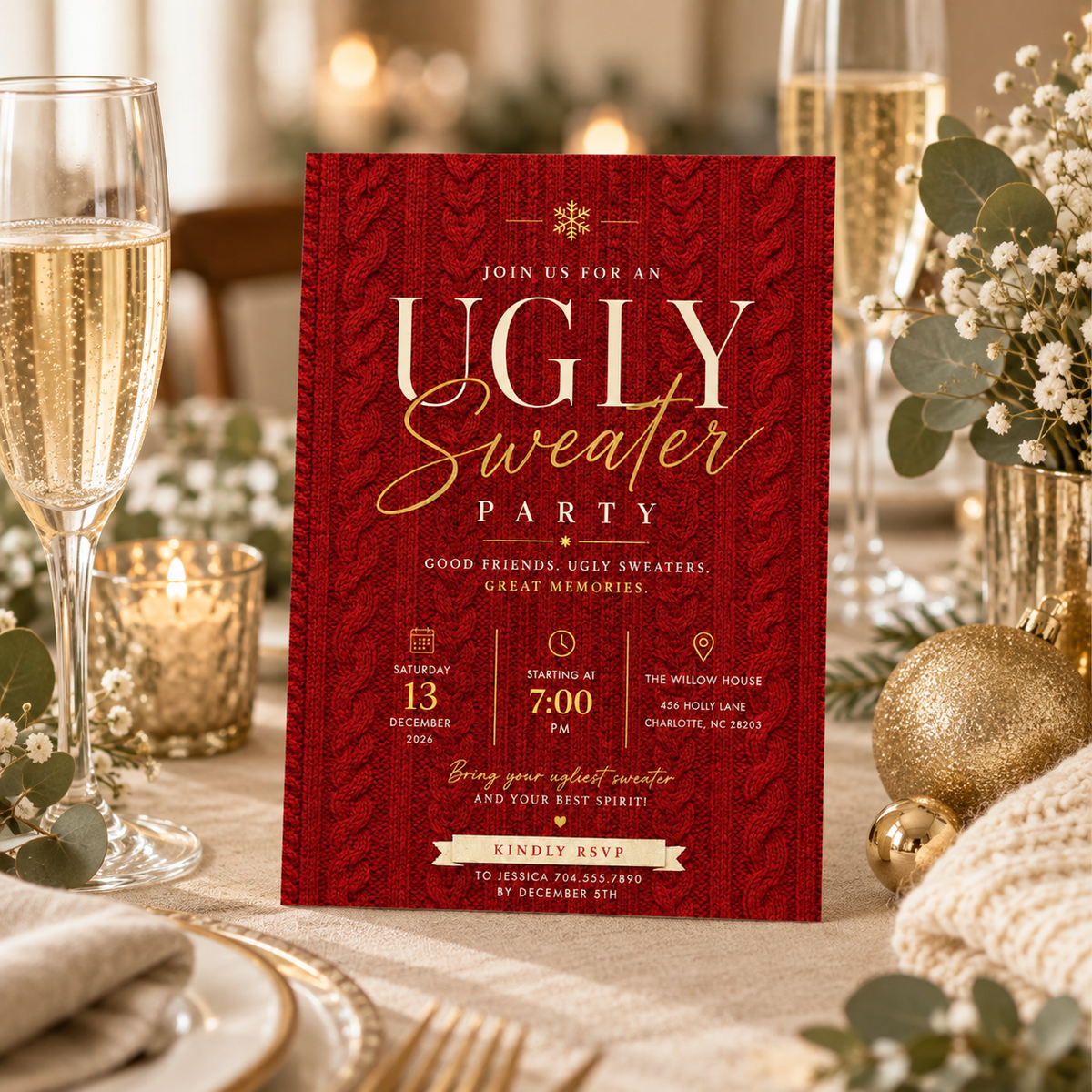 Ugly Sweater Party Invitation  - Red & gold