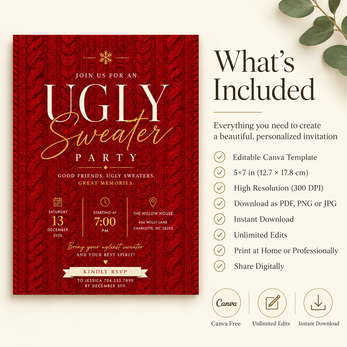Ugly Sweater Party Invitation  - Red & gold