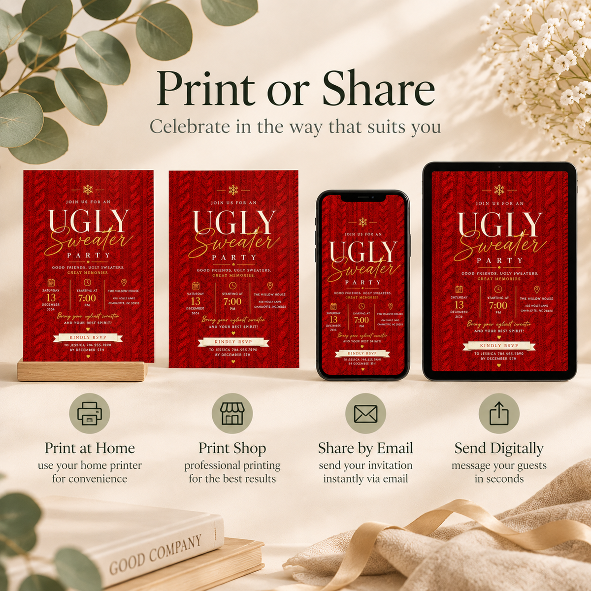 Ugly Sweater Party Invitation  - Red & gold