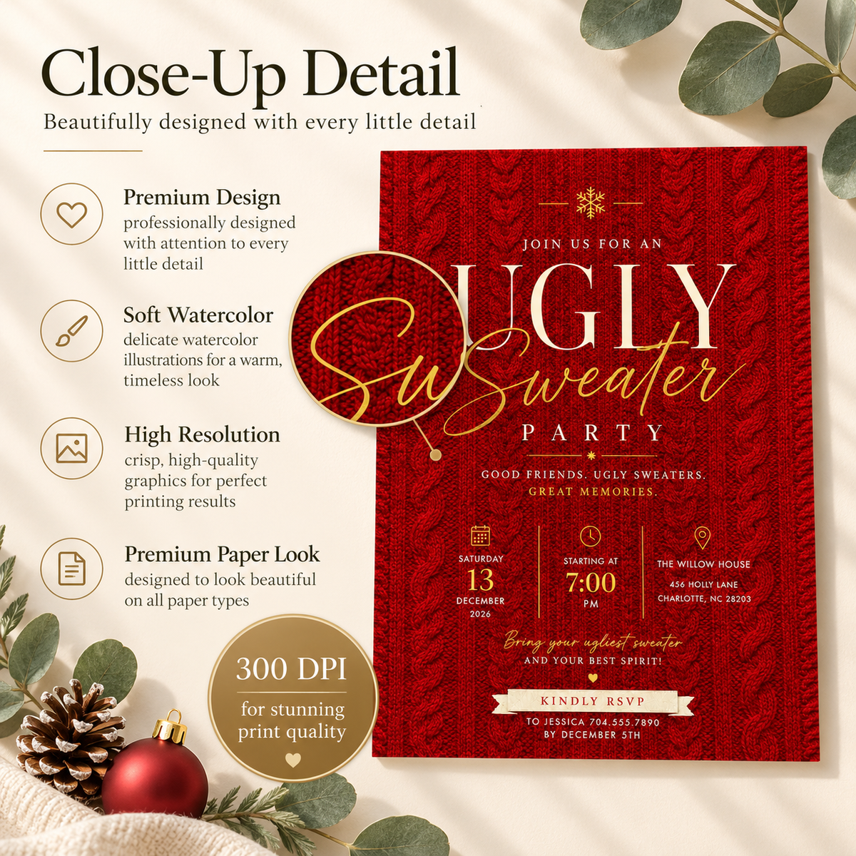 Ugly Sweater Party Invitation  - Red & gold