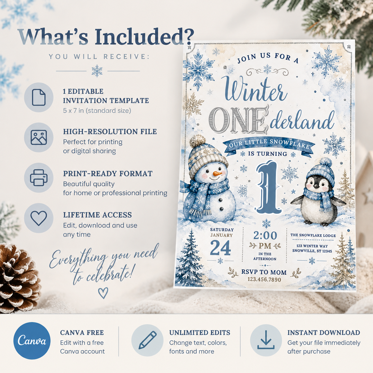 Winter ONEderland First Birthday Invitation