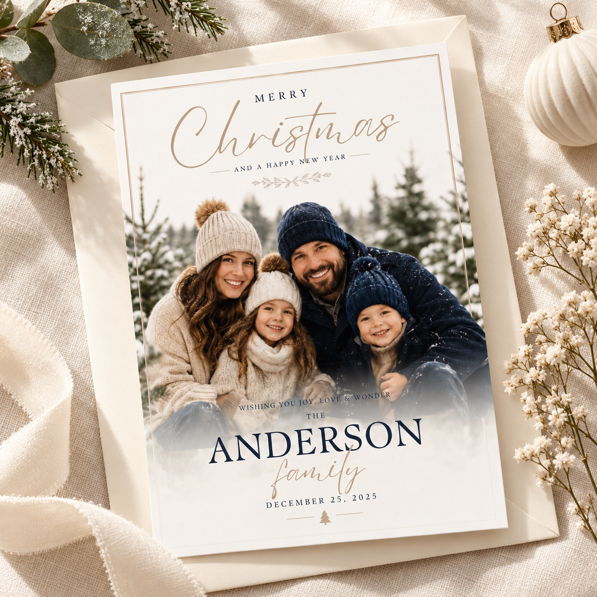 Hero: Christmas Photo Card – Navy and Gold, elegant editable Canva holiday card