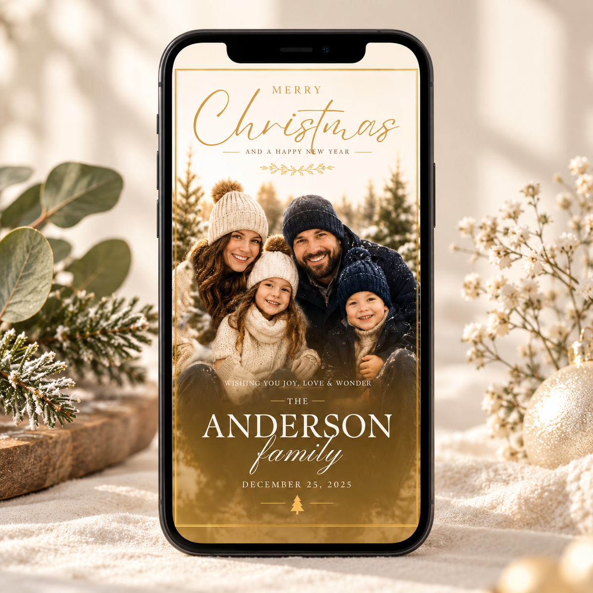 Phone: Christmas Photo Card Cream and Gold shown on a phone screen