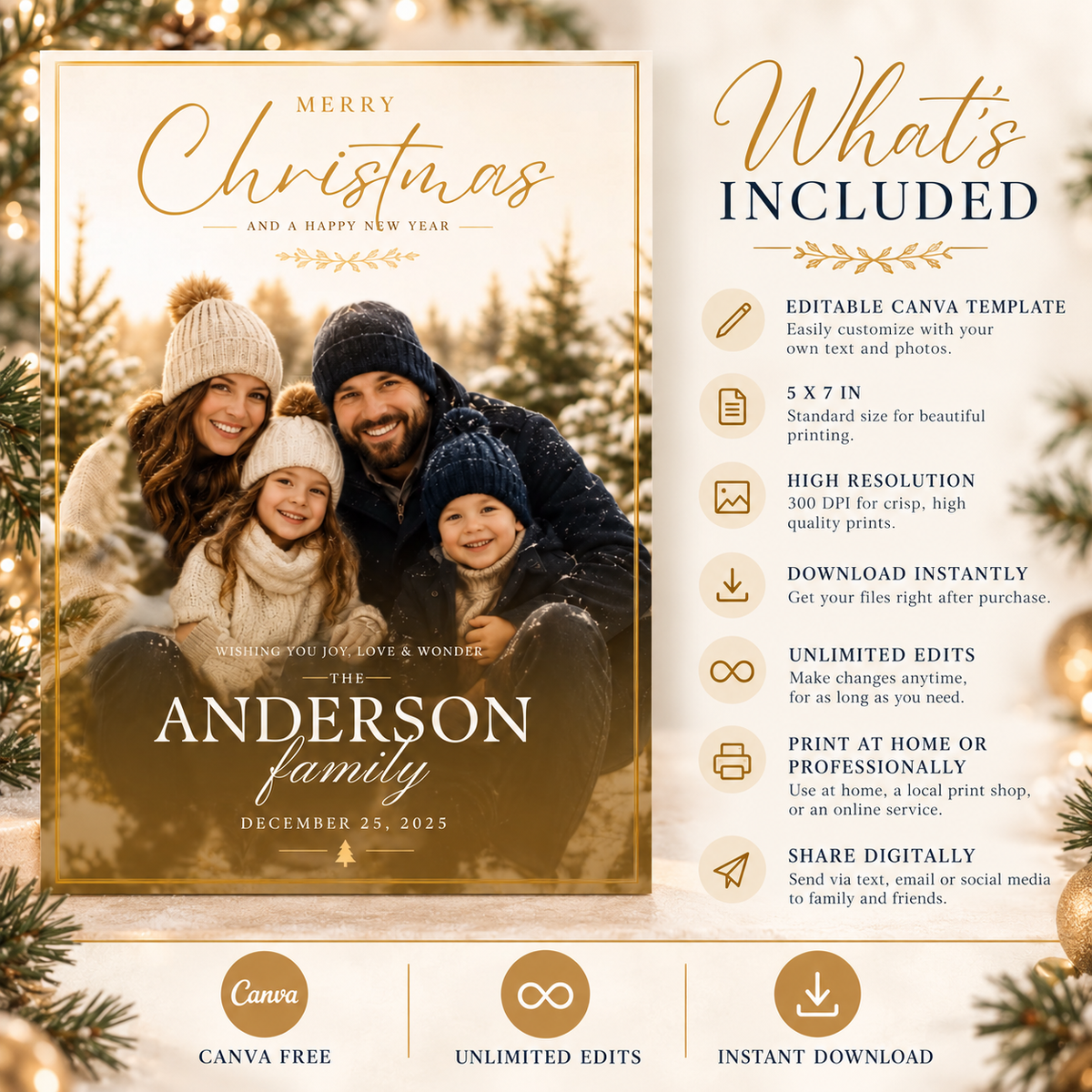 What’s Included: What’s included with the Christmas Photo Card Cream and Gold