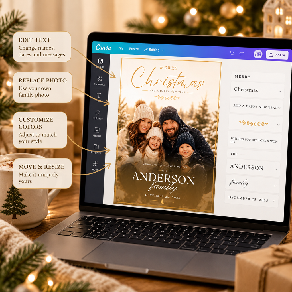 Easy to Personalize: Editing the Christmas Photo Card Cream and Gold in Canva