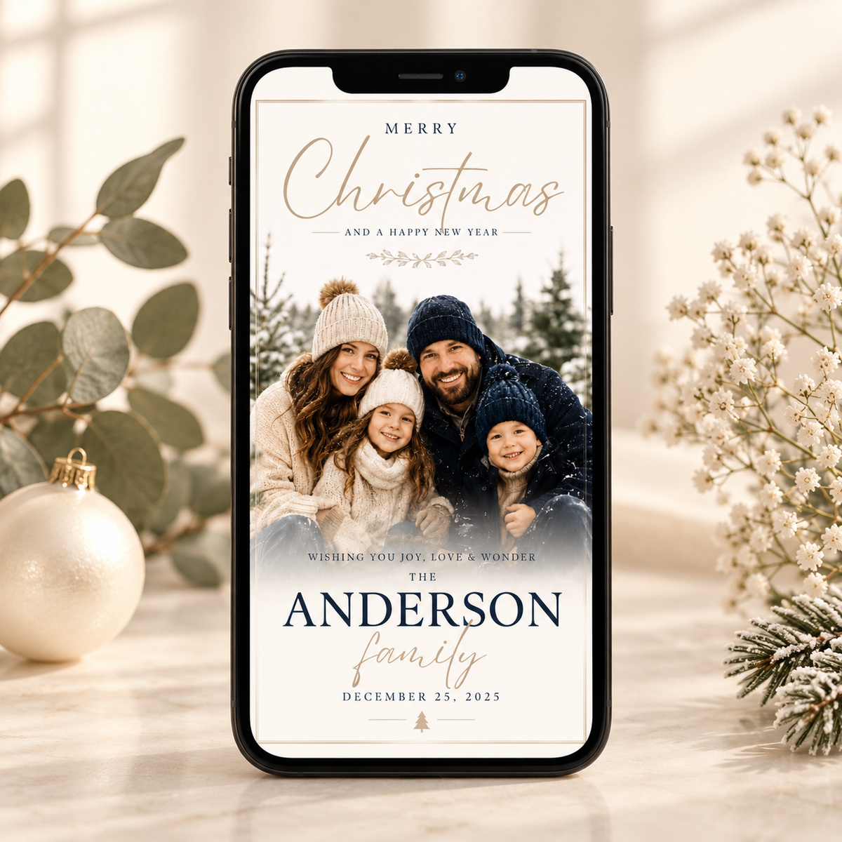 Phone: Christmas Photo Card Navy and Gold shown on a phone screen