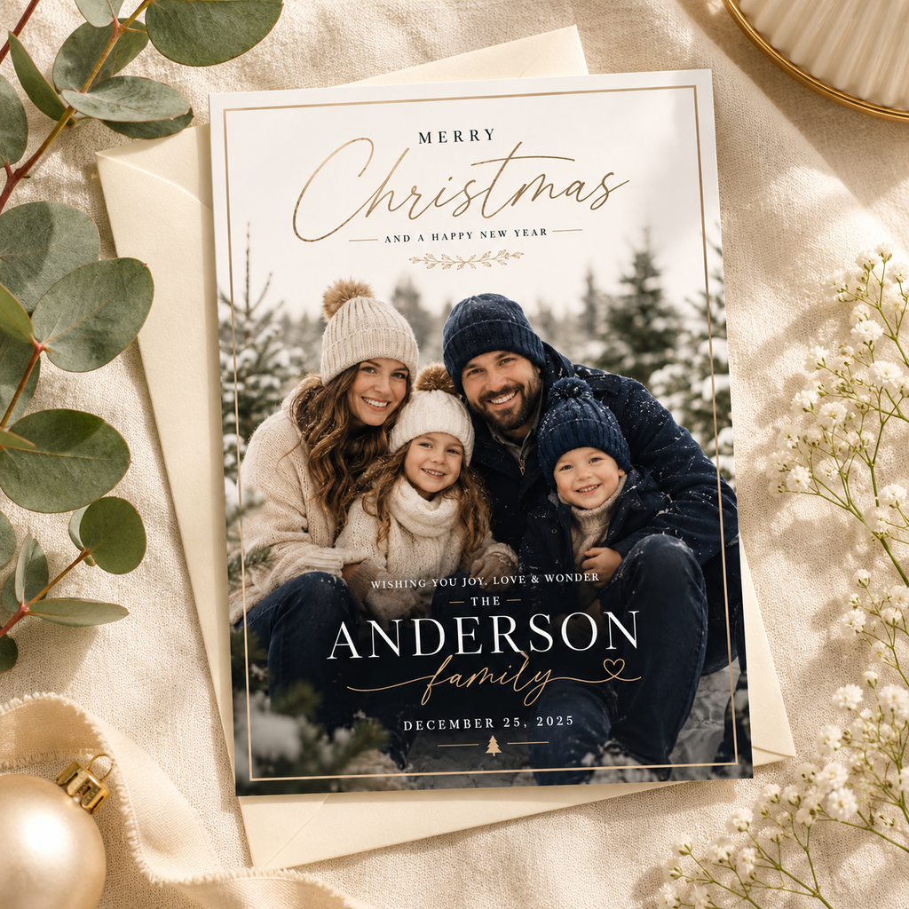Hero: Christmas Photo Card – Dark Navy and Gold, elegant editable Canva holiday card