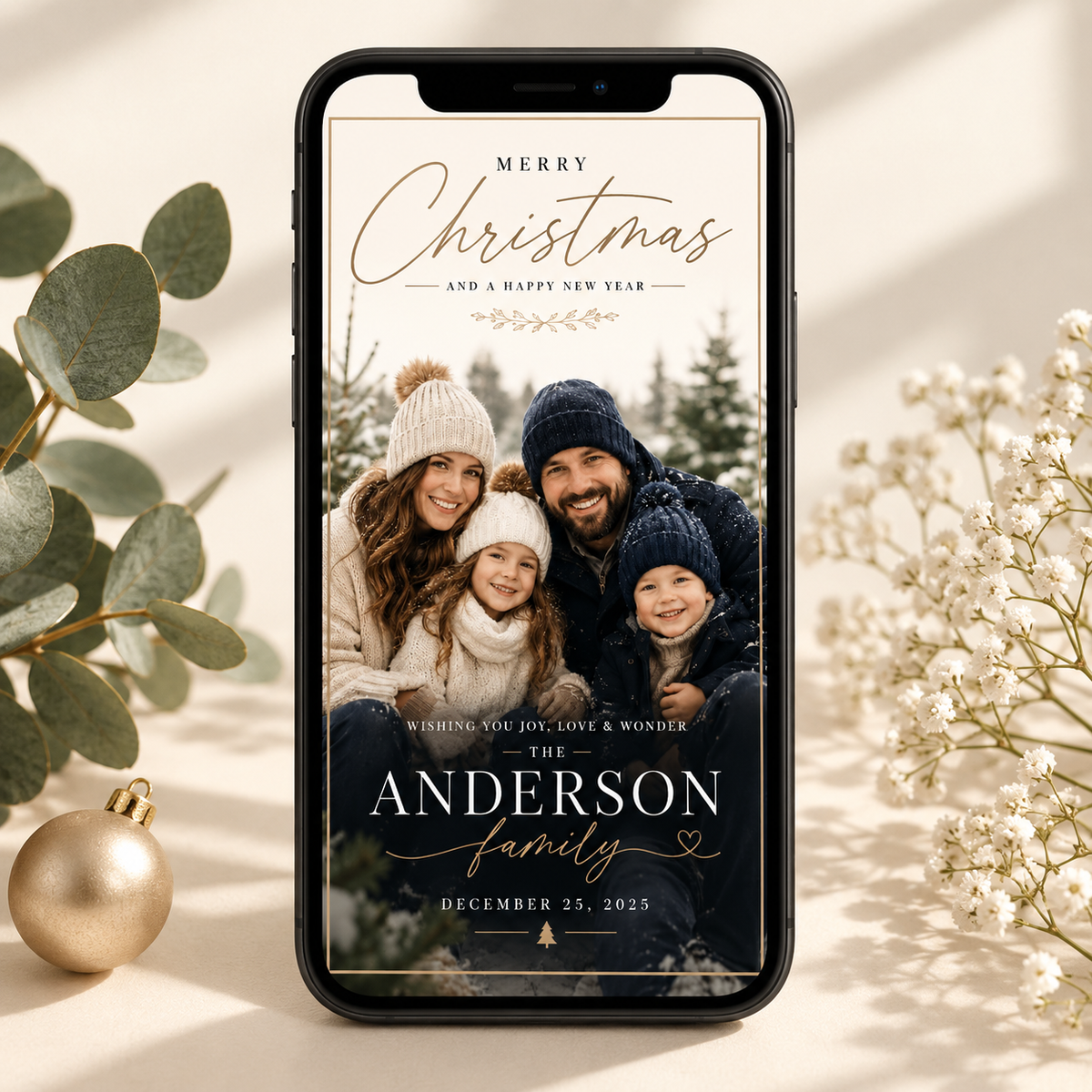 Phone: Christmas Photo Card Dark Navy and Gold shown on a phone screen