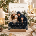 Styled: Christmas Photo Card Dark Navy and Gold displayed in a sophisticated festive holiday setting