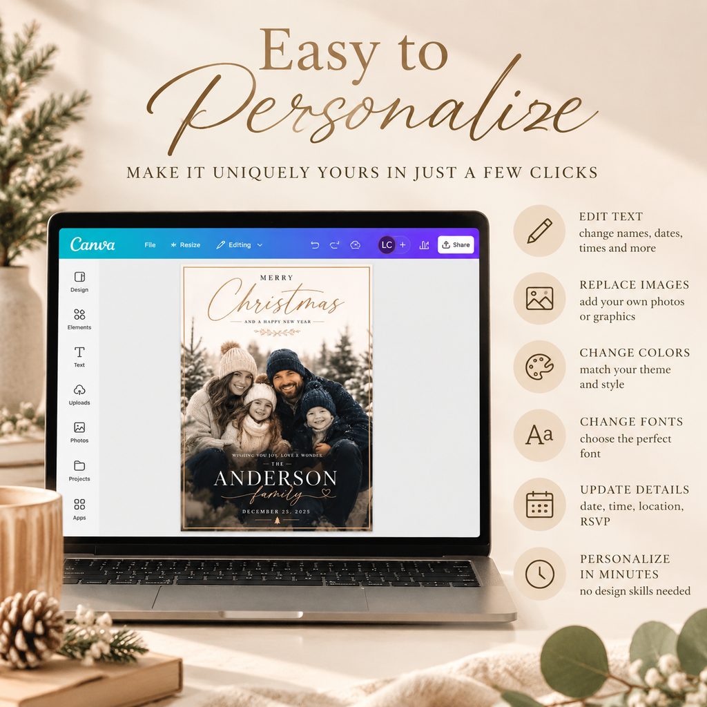 Easy to Personalize: Editing the Christmas Photo Card Dark Navy and Gold in Canva