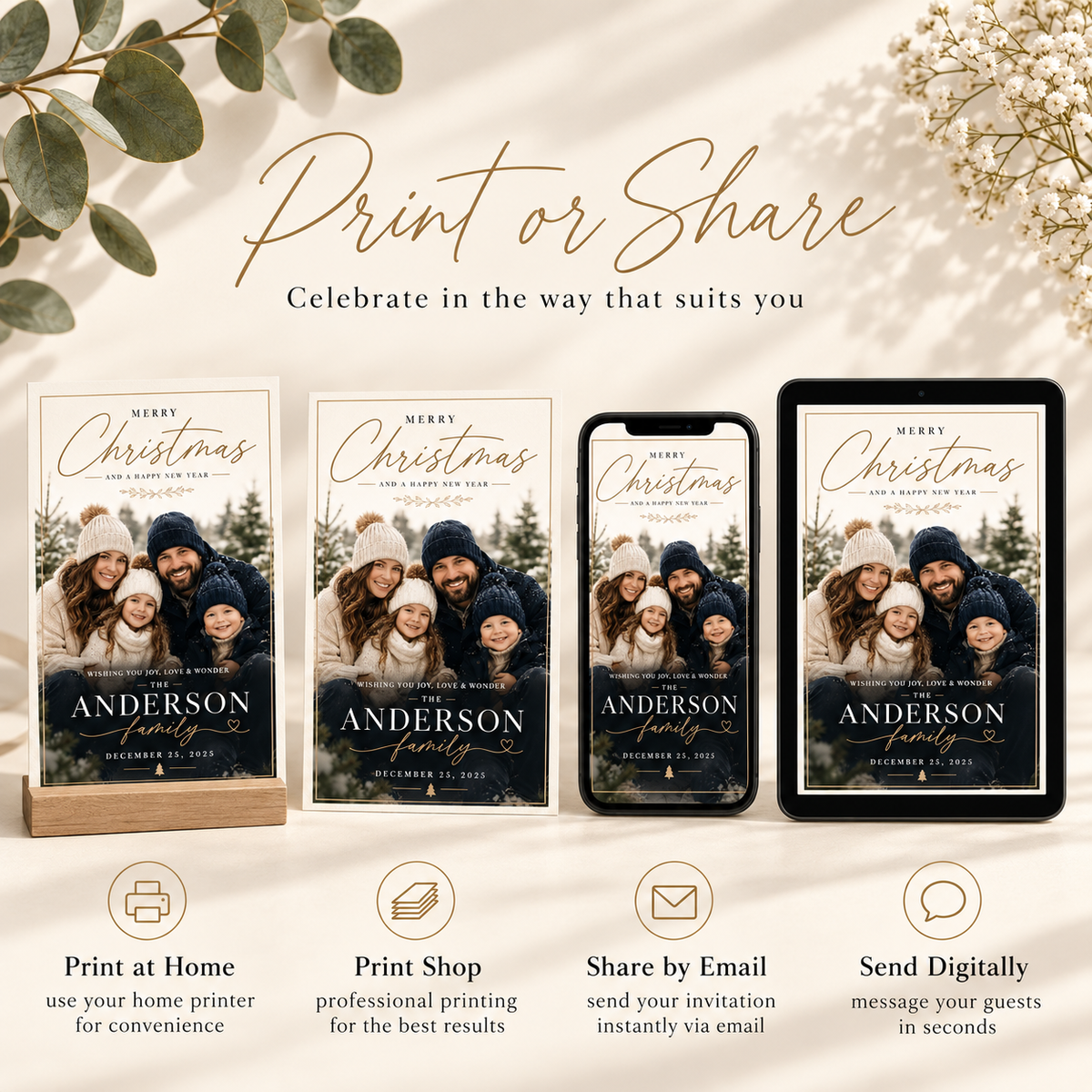 Print or Share: Christmas Photo Card Dark Navy and Gold, print at home or share digitally