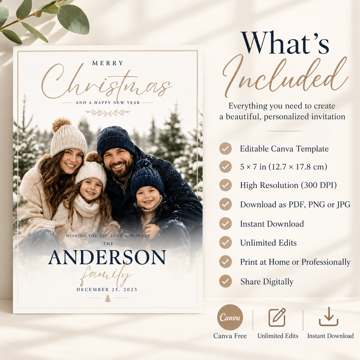 What’s Included: What’s included with the Christmas Photo Card Navy and Gold