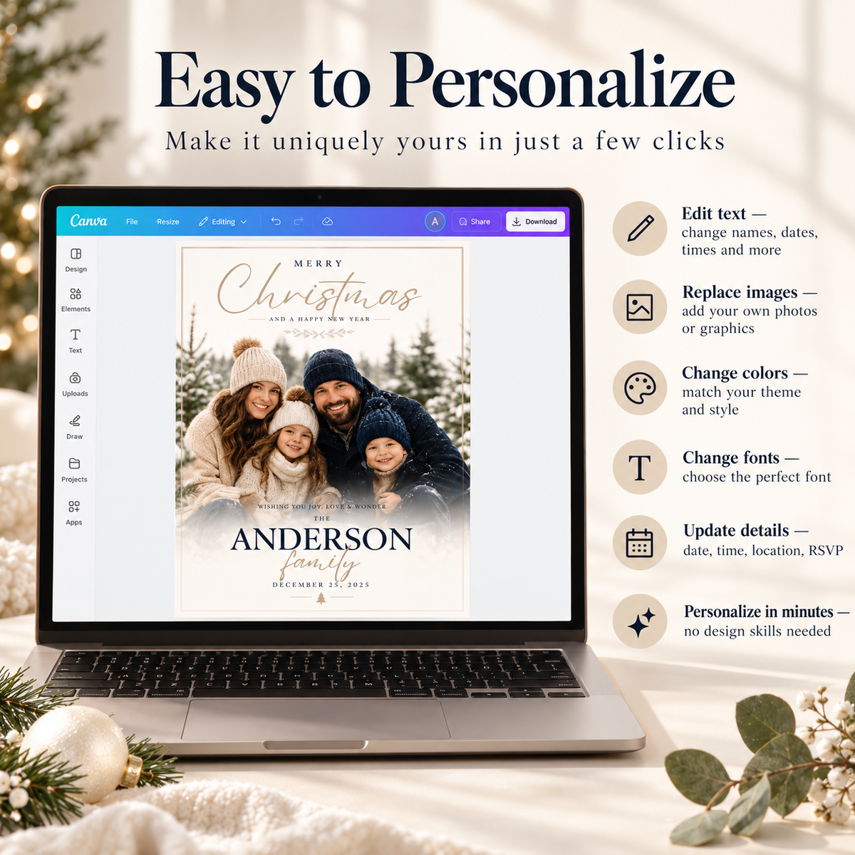 Easy to Personalize: Editing the Christmas Photo Card Navy and Gold in Canva