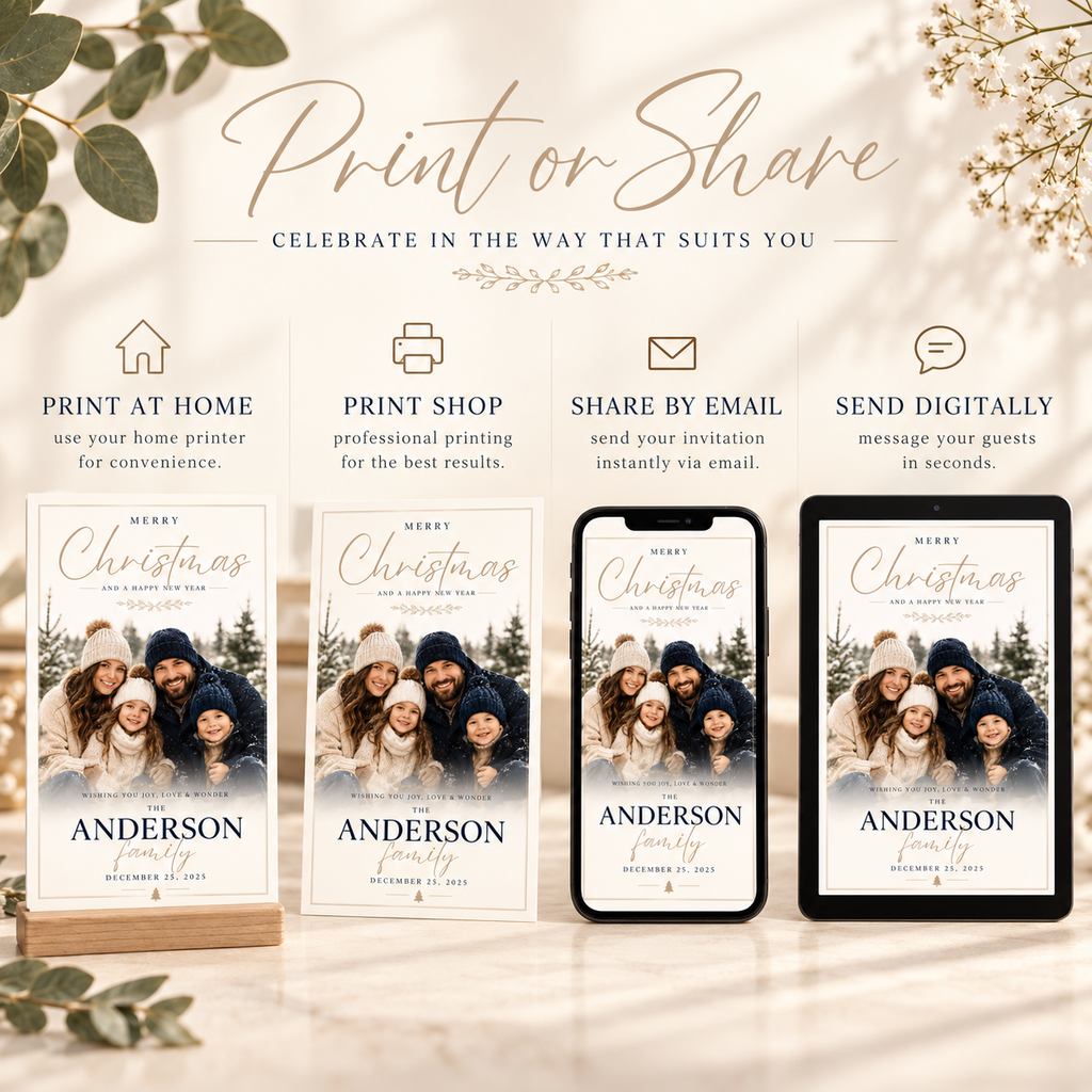 Print or Share: Christmas Photo Card Navy and Gold, print at home or share digitally