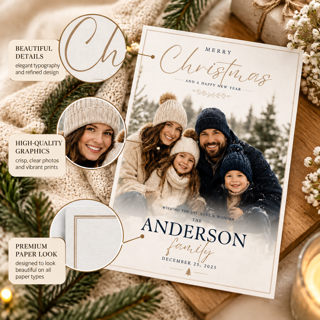 Close-up: Close-up detail of the Christmas Photo Card Navy and Gold design