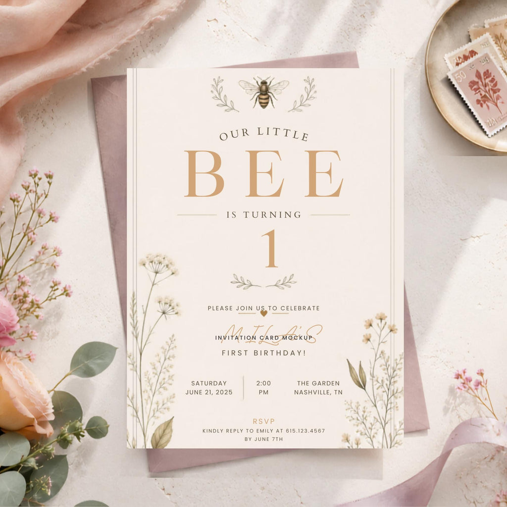 Bee First Birthday Invitation – printable template preview 2