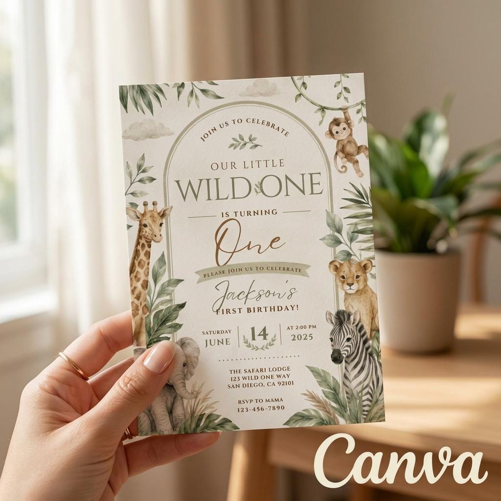 Wild One Safari First Birthday Invitation – printable template preview 1