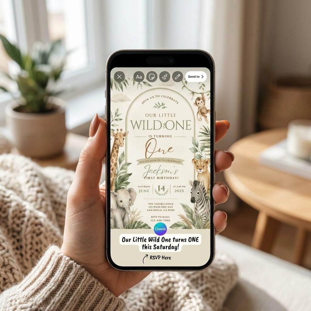 Wild One Safari First Birthday Invitation – printable template preview 2