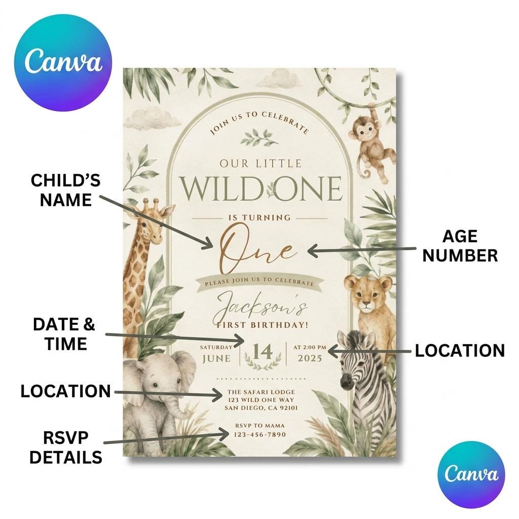 Wild One Safari First Birthday Invitation – printable template preview 6