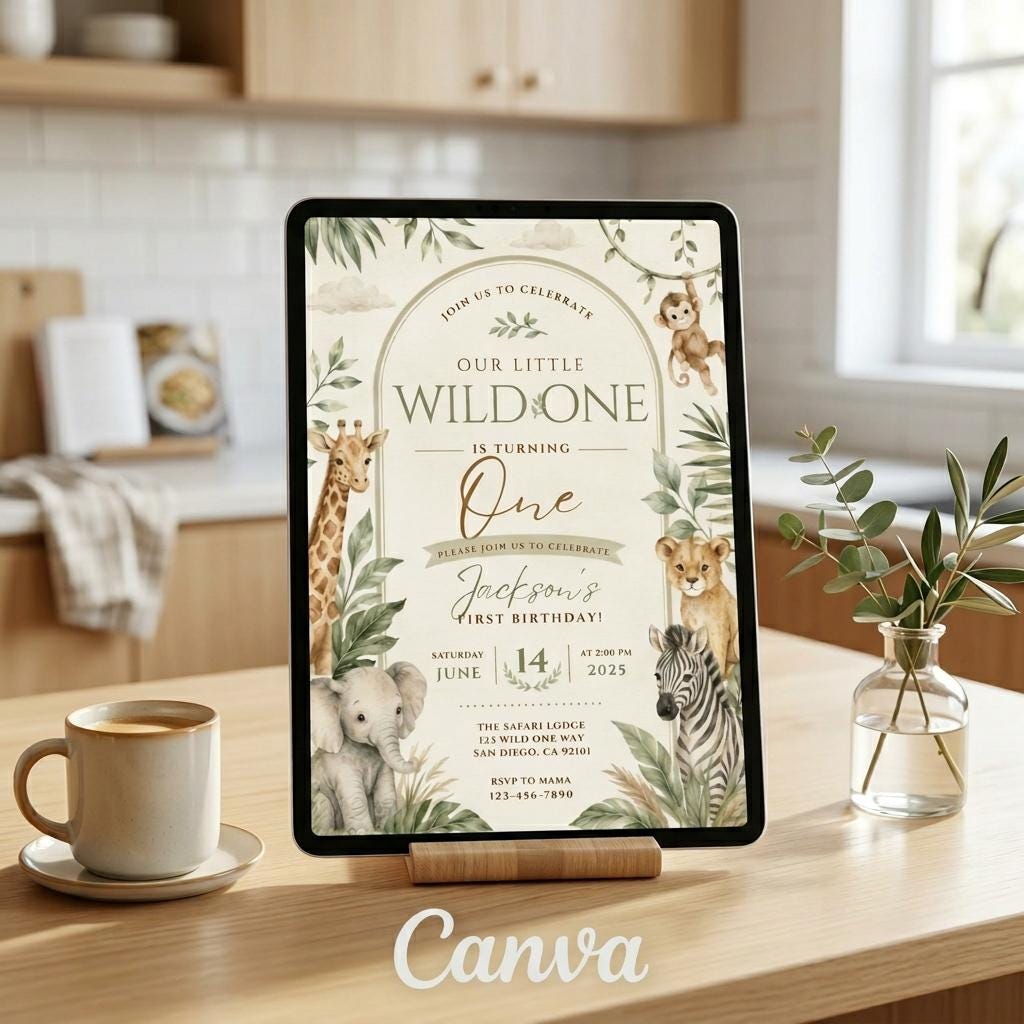 Wild One Safari First Birthday Invitation – printable template preview 4