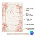 Pink Bow First Birthday Invitation Girl – printable template preview 5