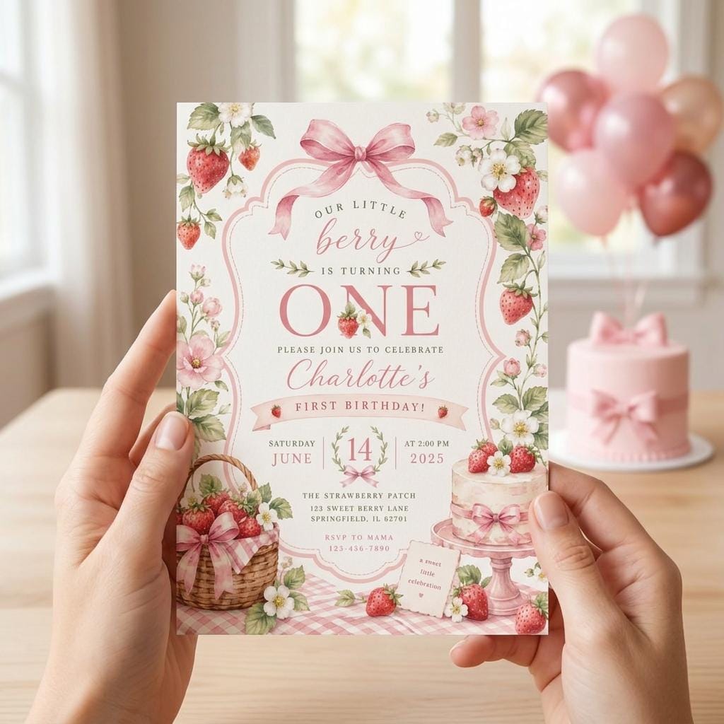 Strawberry First Birthday Invitation Girl preview 1