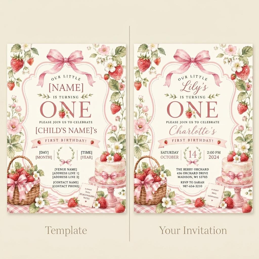 Strawberry First Birthday Invitation Girl preview 5