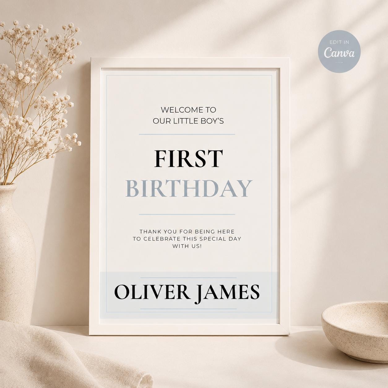 Neutral Blue First Birthday Invitation preview 3