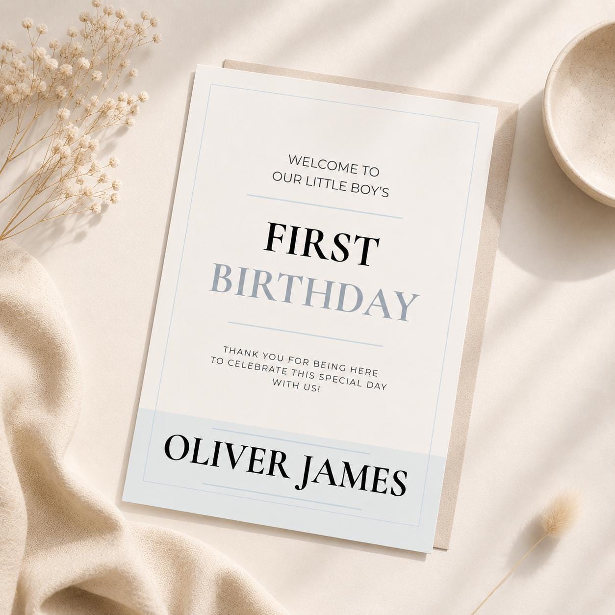 Neutral Blue First Birthday Invitation preview 2