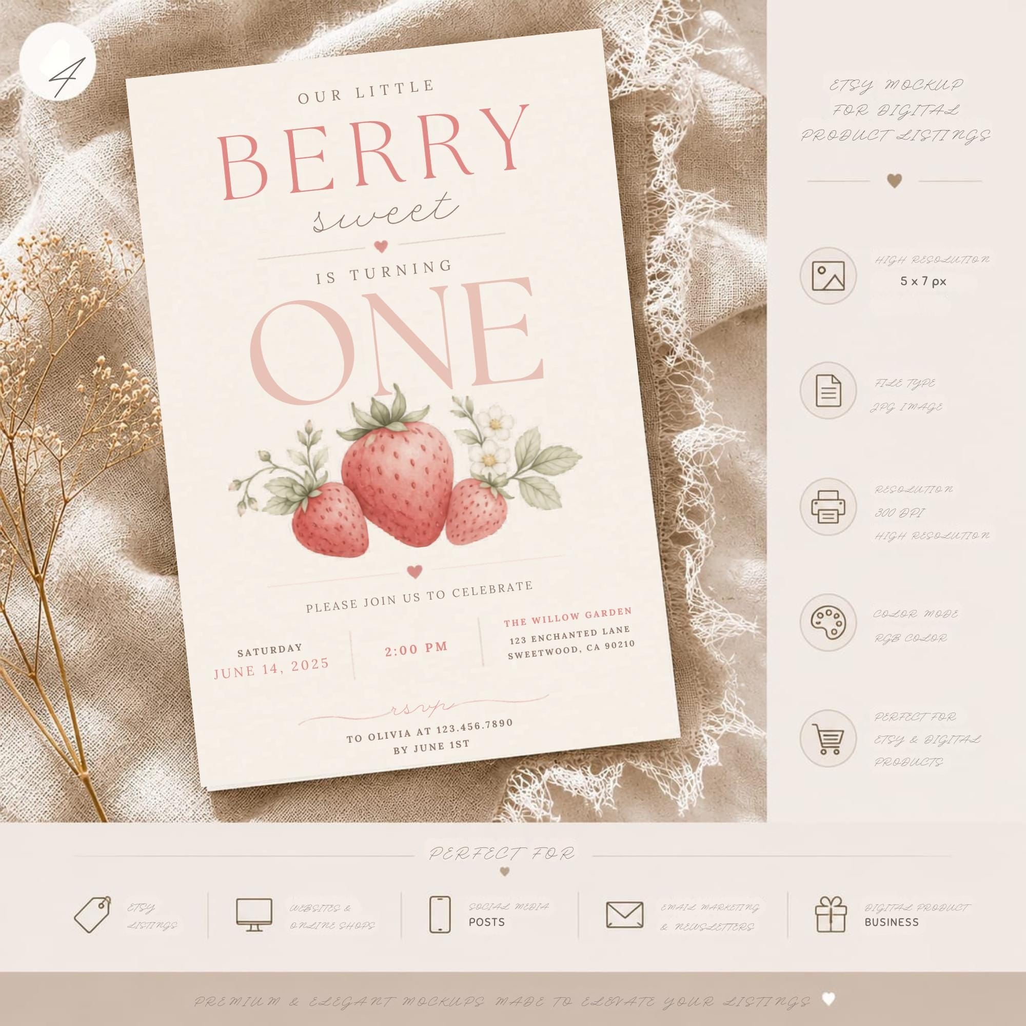 Berry Is One First Birthday Invitation Template preview 4