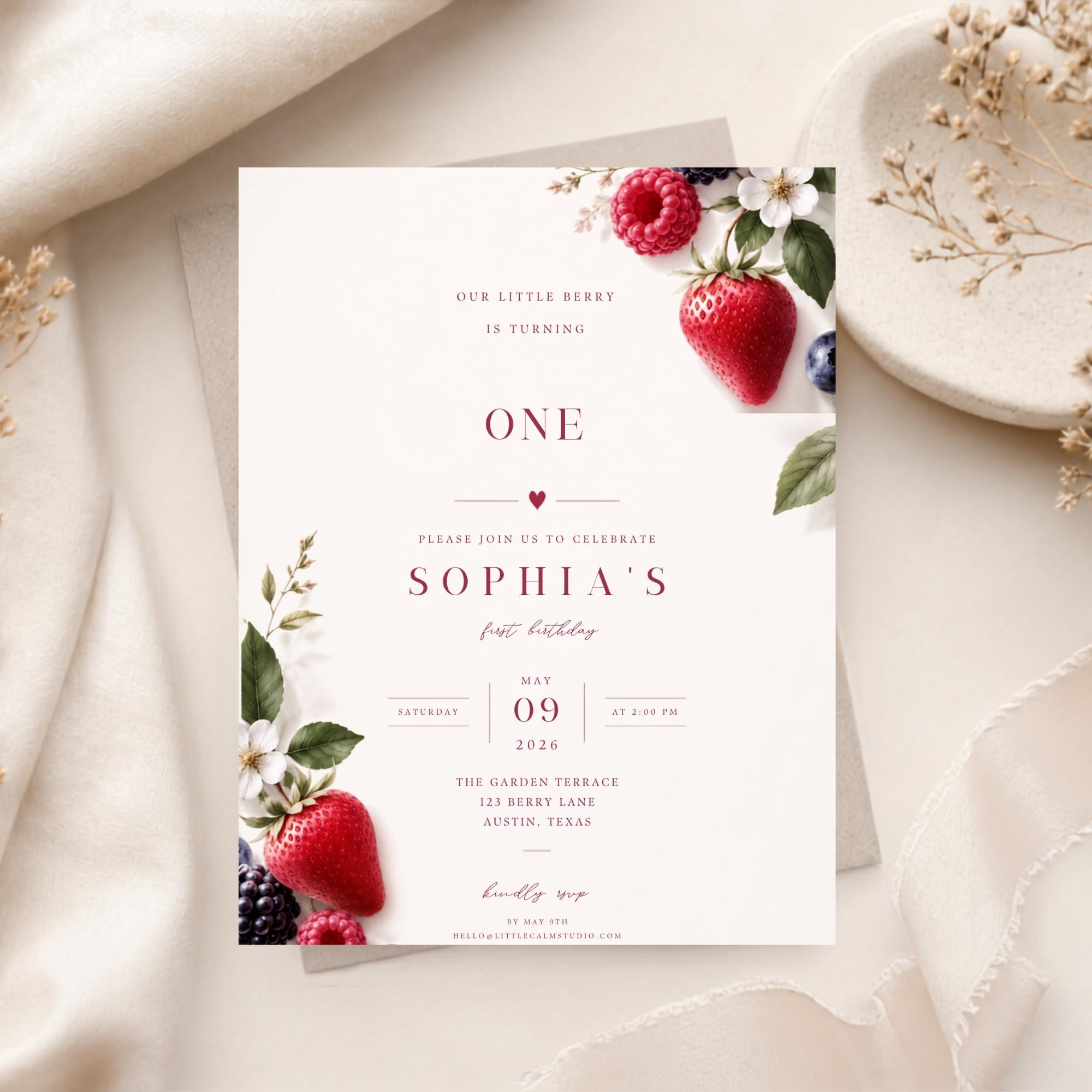 Berry First Birthday Invitation – printable template preview 2