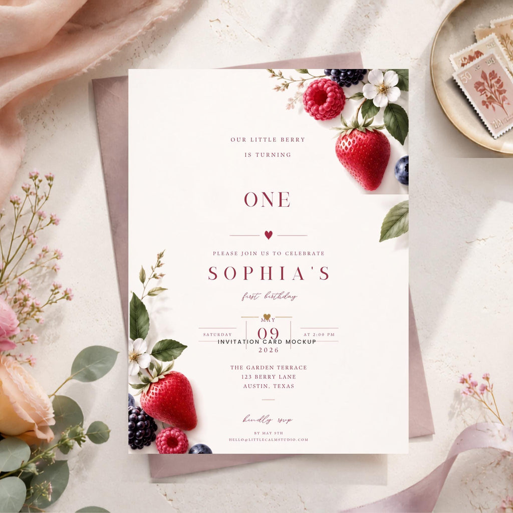 Berry First Birthday Invitation – printable template preview 1