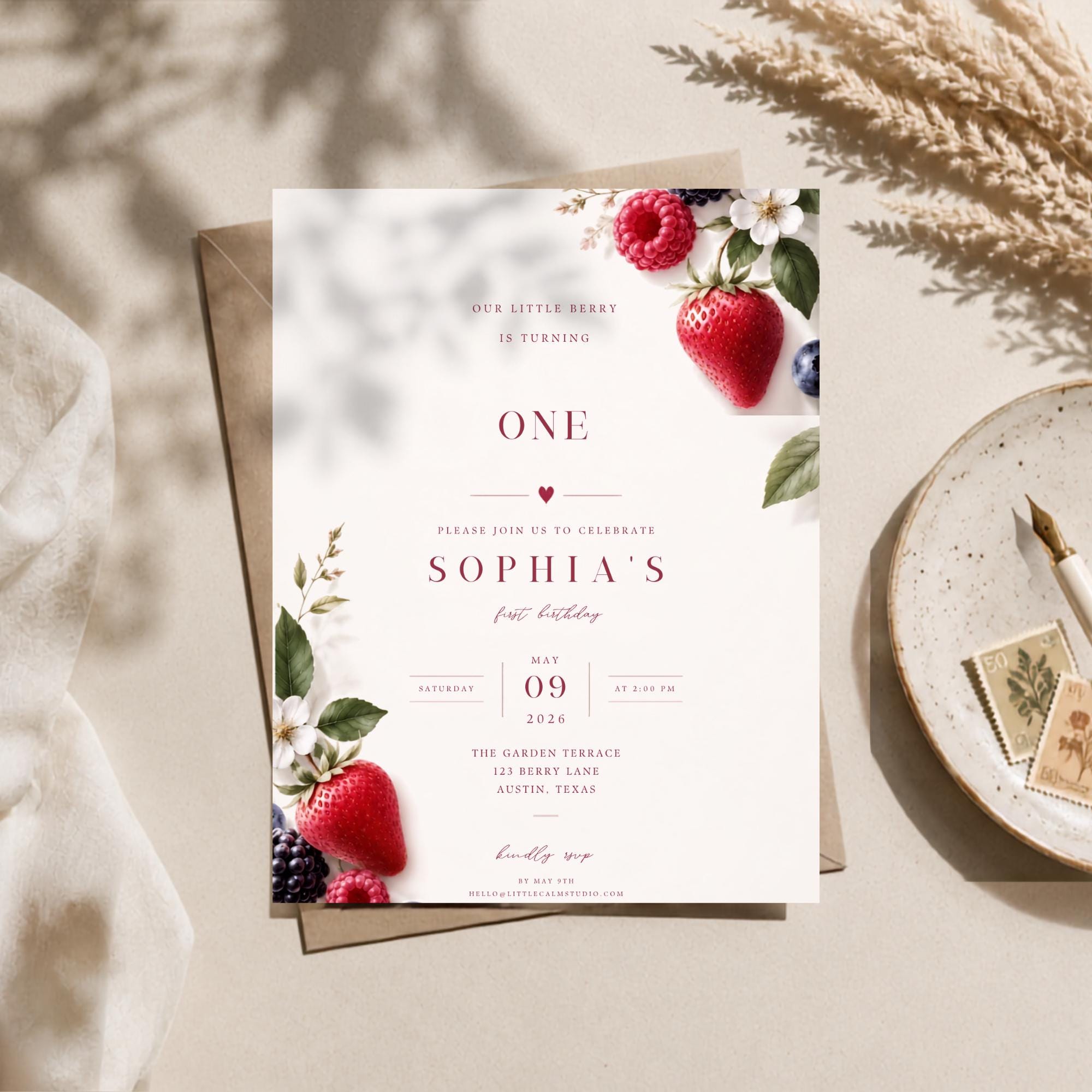 Berry First Birthday Invitation – printable template preview 3