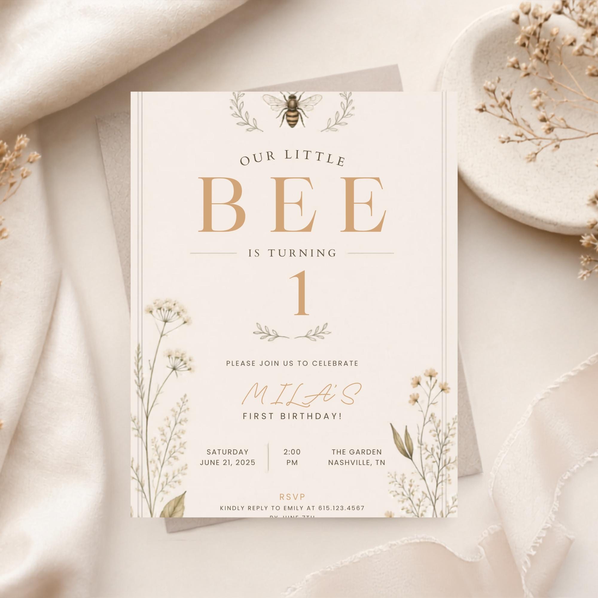 Bee First Birthday Invitation – printable template preview 1