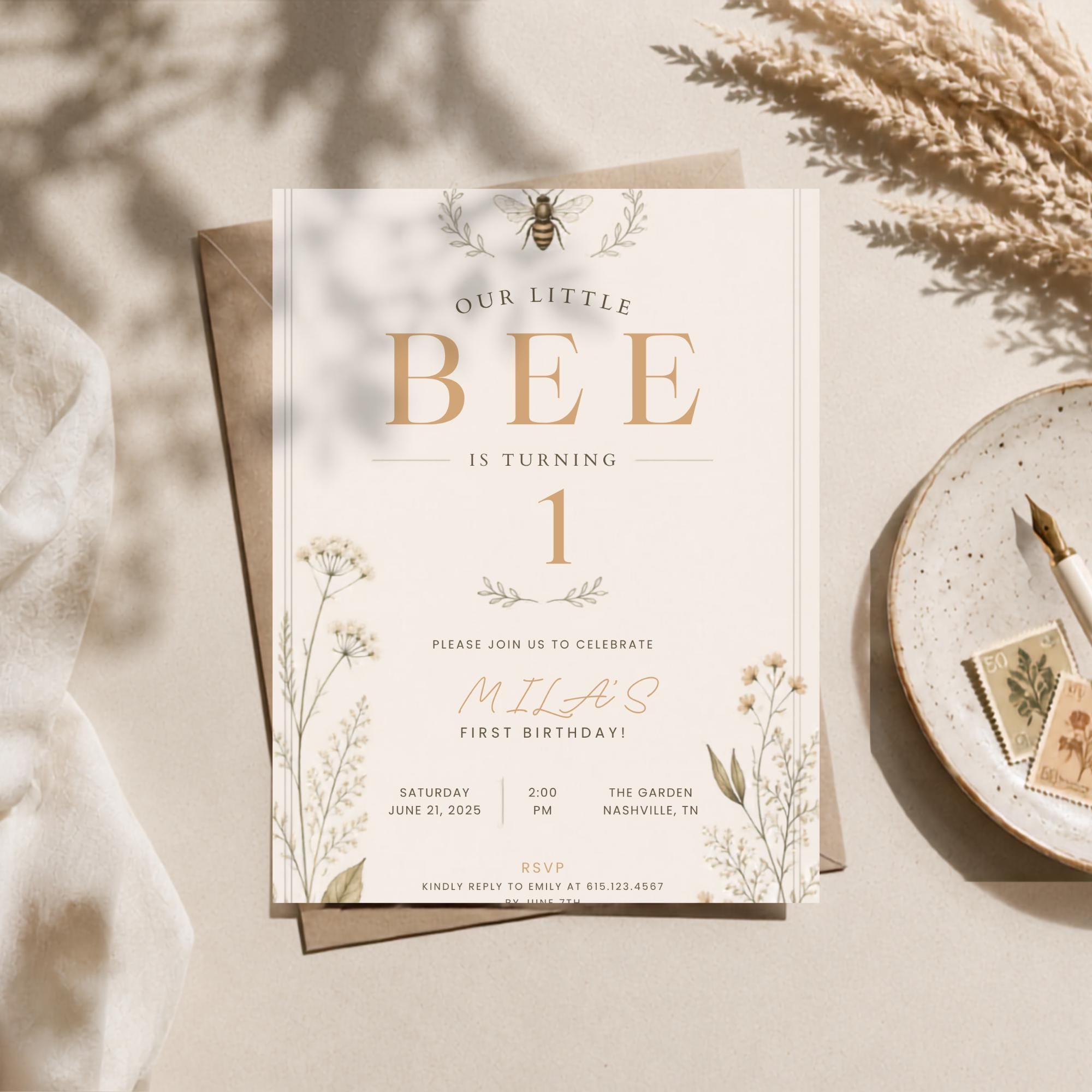 Bee First Birthday Invitation – printable template preview 3
