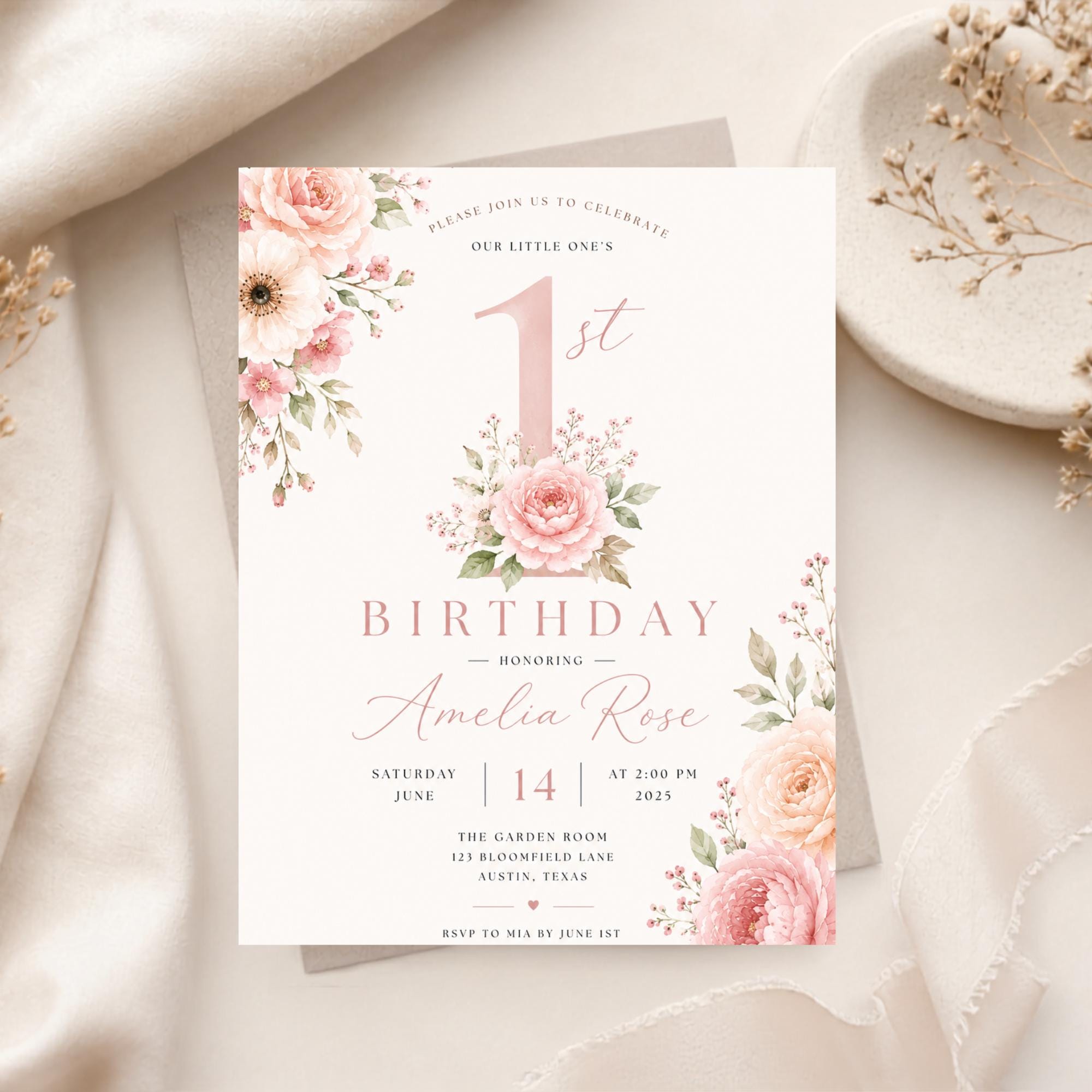 Floral First Birthday Invitation – printable template preview 1