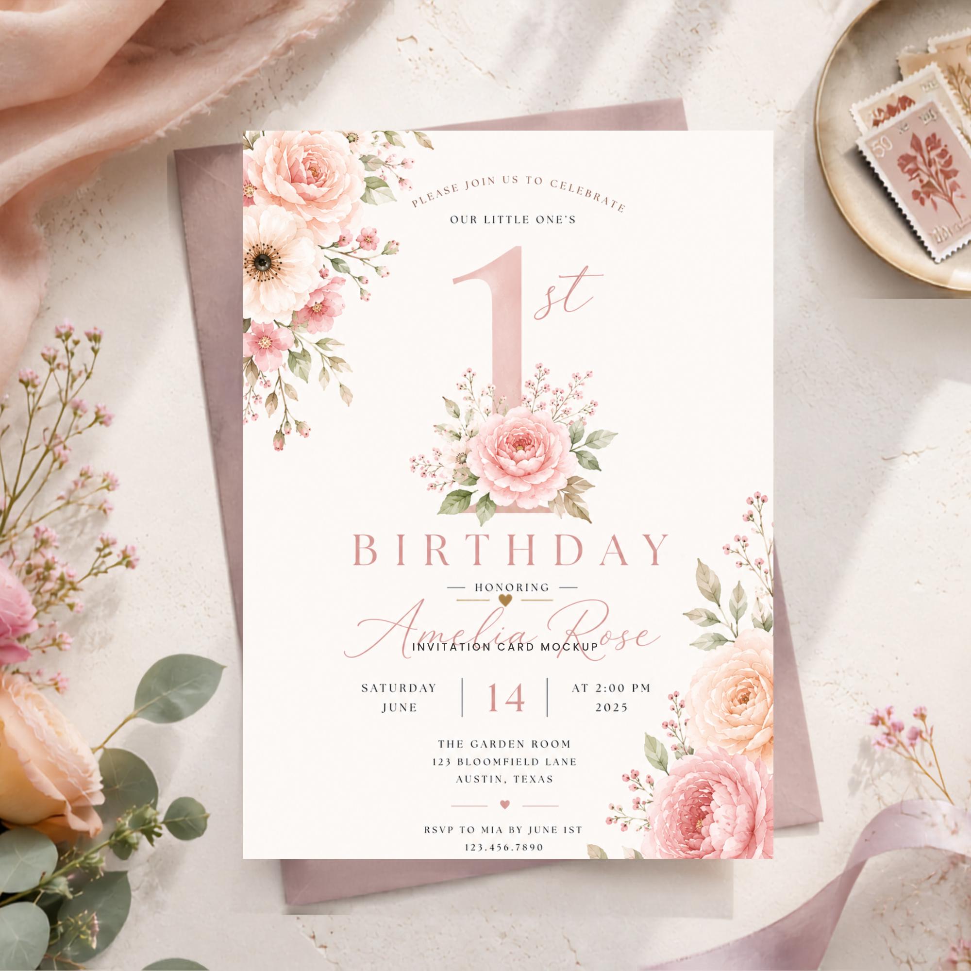 Floral First Birthday Invitation – printable template preview 2