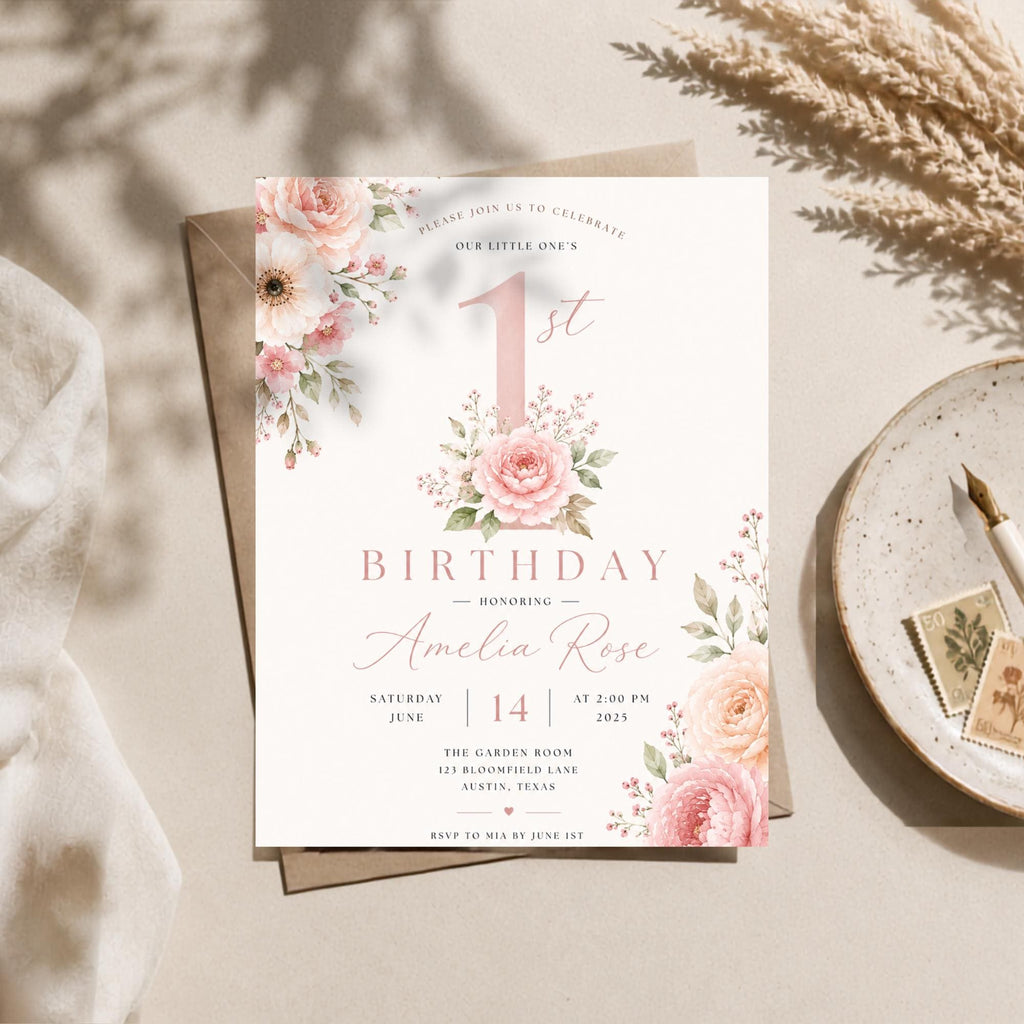 Floral First Birthday Invitation – printable template preview 3