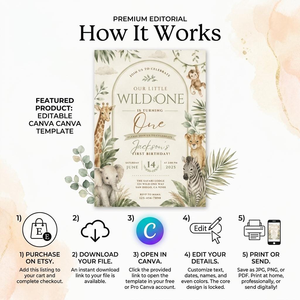 Wild One Safari First Birthday Invitation – printable template preview 5