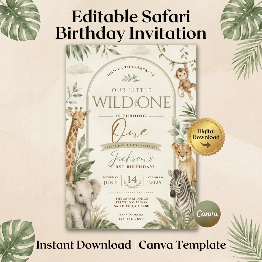 Wild One Safari First Birthday Invitation – printable template preview 3