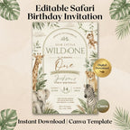 Wild One Safari First Birthday Invitation – printable template preview 3