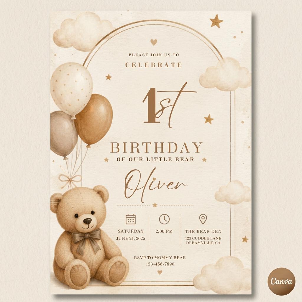 Beary First Birthday Invitation Teddy Bear 1st Birthday preview 2