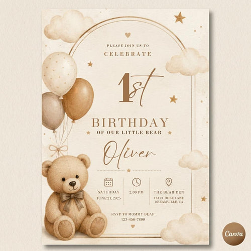Beary First Birthday Invitation Teddy Bear 1st Birthday preview 2