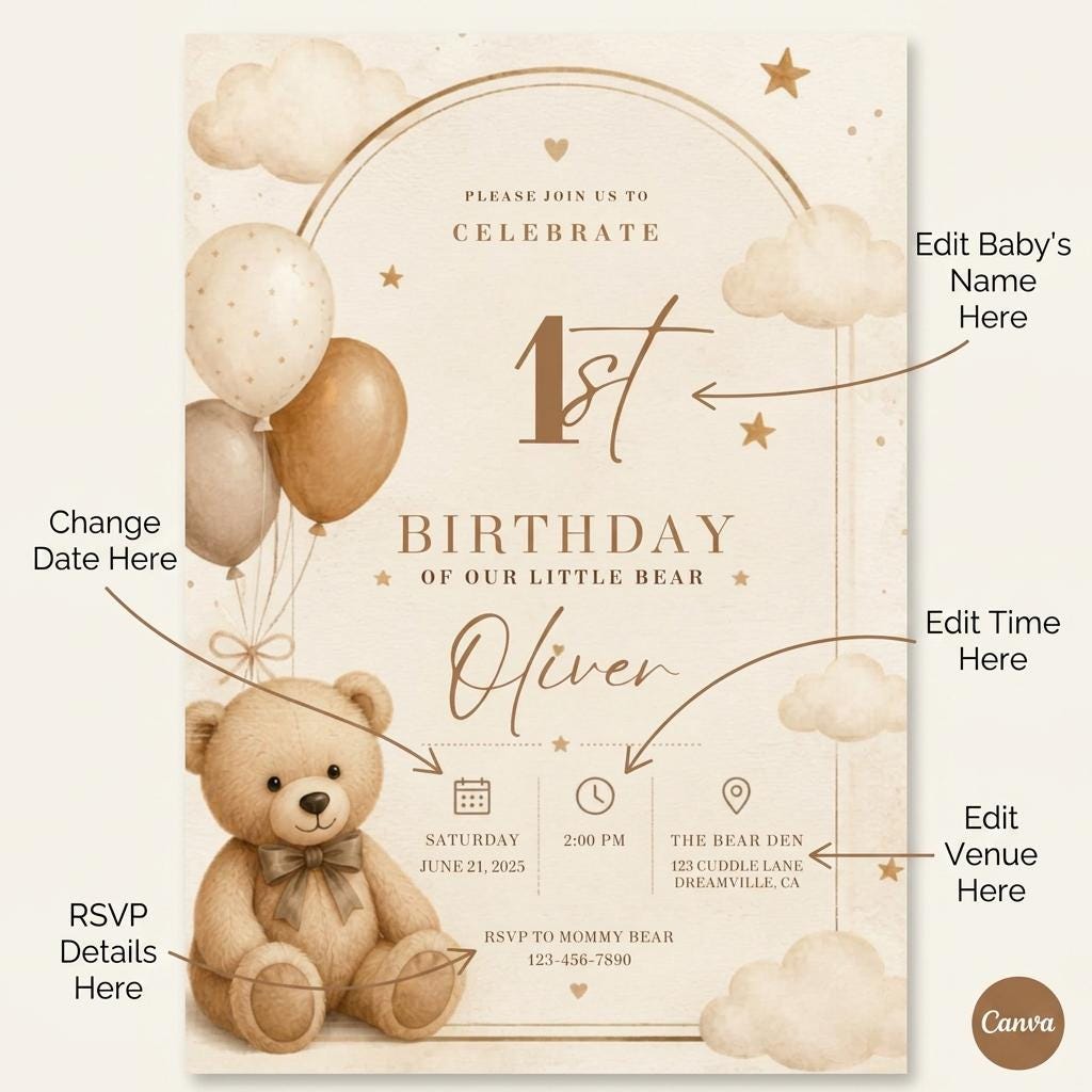 Beary First Birthday Invitation Teddy Bear 1st Birthday preview 5