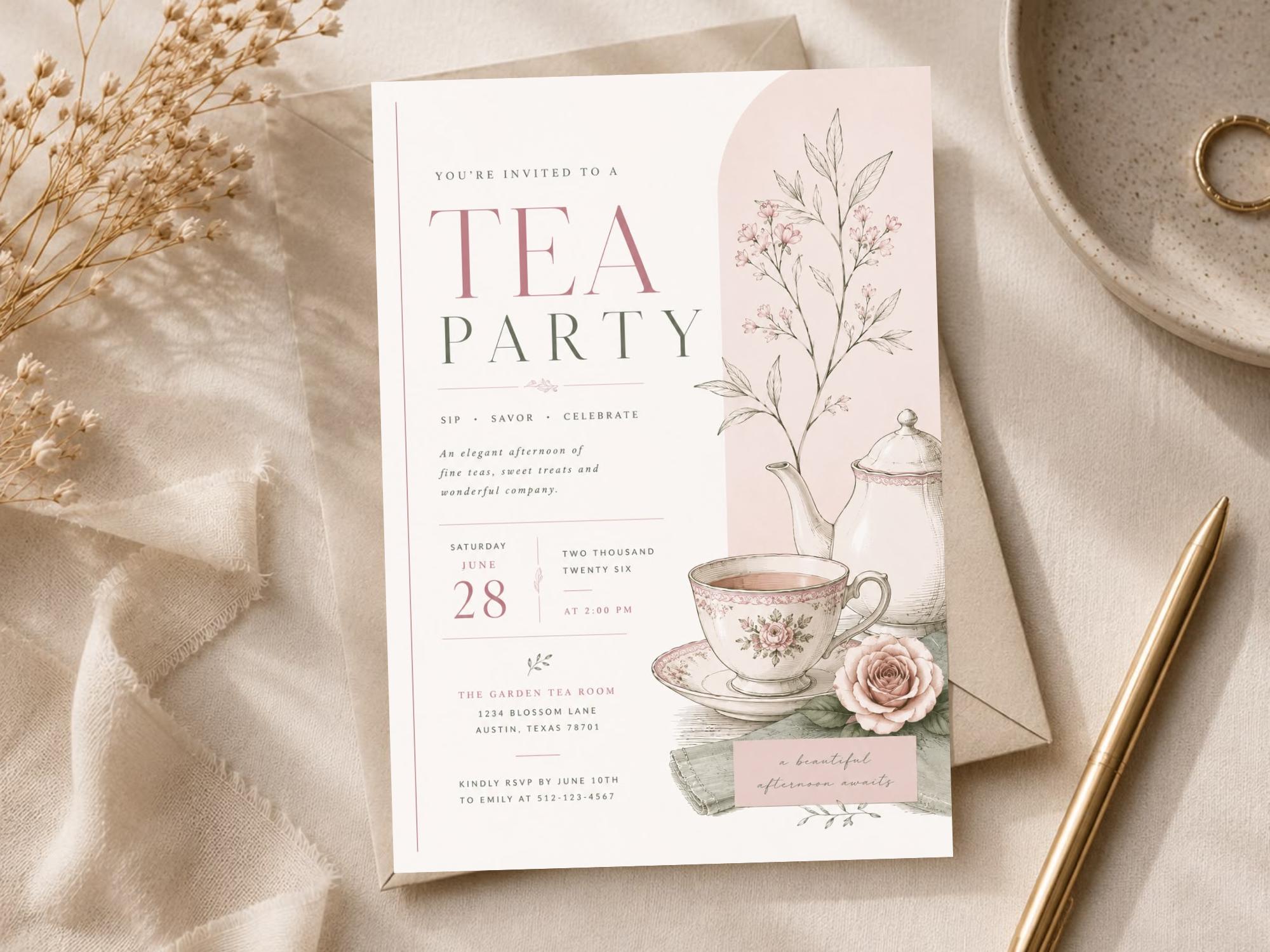 Sage Tea Party Invitation Template preview 1