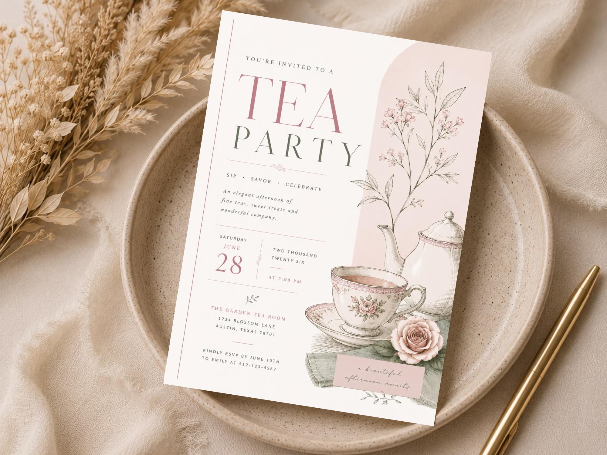 Sage Tea Party Invitation Template preview 5
