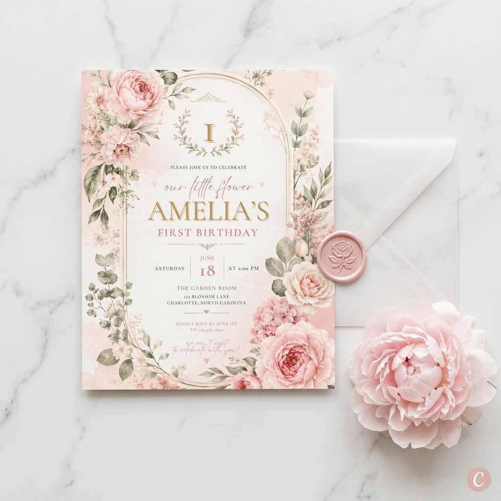 Floral First Birthday Invitation Girl preview 1